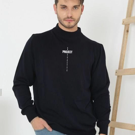 Baskılı Yarım Boğazlı Uzun Kol Dokuma Triko - Siyah -