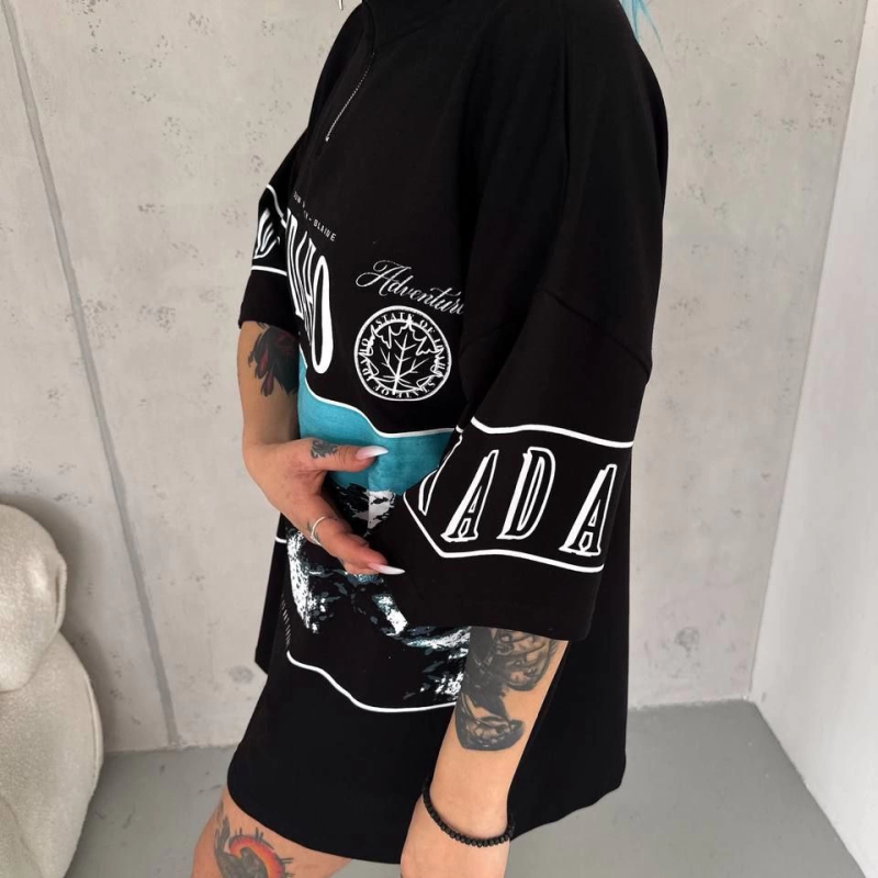 Baskılı Yarım Fermuarlı T-Shirt - Siyah -