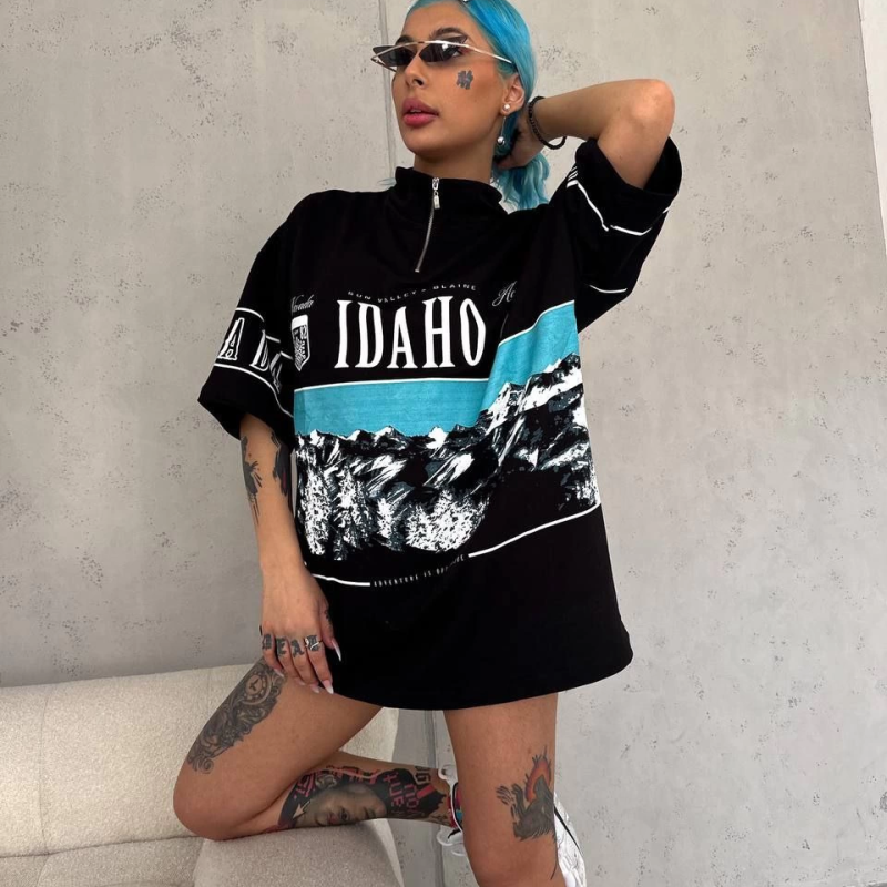 Baskılı Yarım Fermuarlı T-Shirt - Siyah -