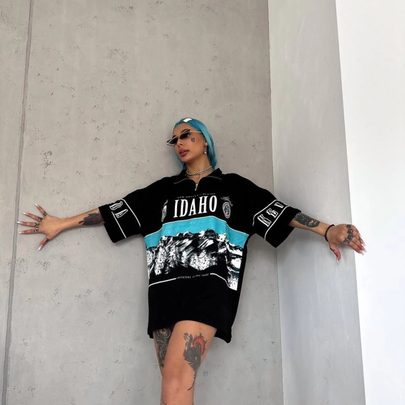 Baskılı Yarım Fermuarlı T-Shirt - Siyah -