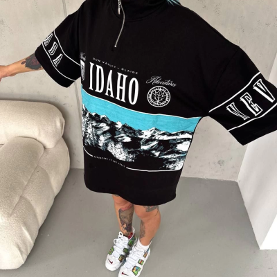 Baskılı Yarım Fermuarlı T-Shirt - Siyah -