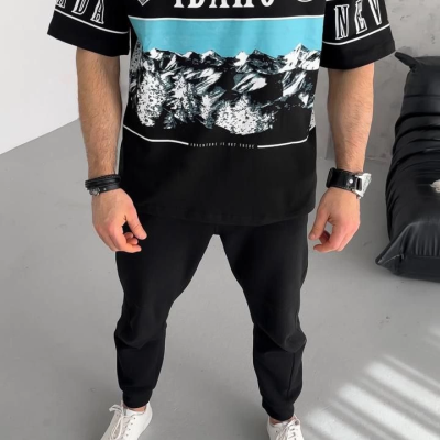 Baskılı Yarım Fermuarlı T-Shirt - Siyah -