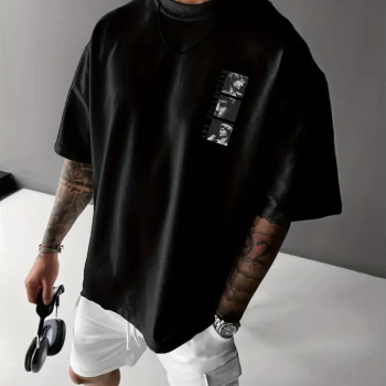 Benzersiz Sırt Baskılı   Sokak Stili Bol Tişört -Siyah -