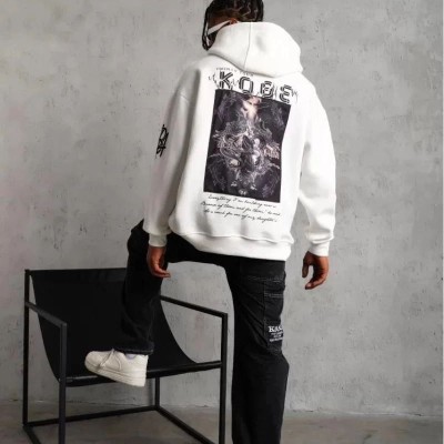 BErkek 3 İplik Pamuklu Kapüşonlu Baskılı Cepli Oversize Sweatshirt Hoodie - eyaz