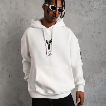BErkek 3 İplik Pamuklu Kapüşonlu Baskılı Cepli Oversize Sweatshirt Hoodie - eyaz