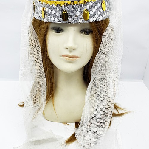 Beyaz Duvaklı Altın Pul İşlemeli Kına Fesi