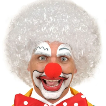 Beyaz Kıvırcık Afro Peruk ve Kırmızı Sünger Burun Seti