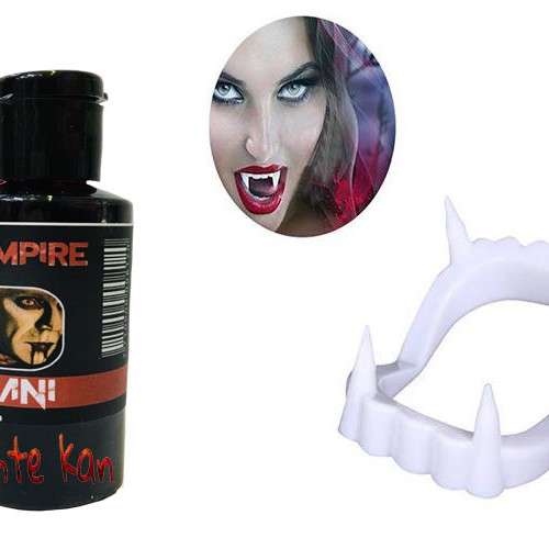 Beyaz Renk Çift Damak Takma Vampir Dişi ve 50 gr Tiyatro Kanı Set