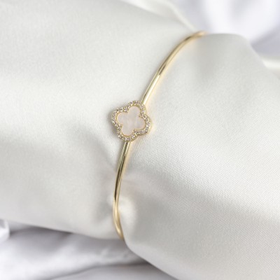 Beyaz Sedefli Yonca Model Gold Renk Kadın Bileklik