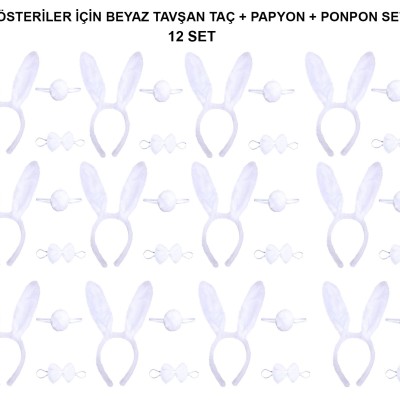 Beyaz Tavşan Kostüm Seti – Taç, Papyon, Kuyruk (12’li Paket)