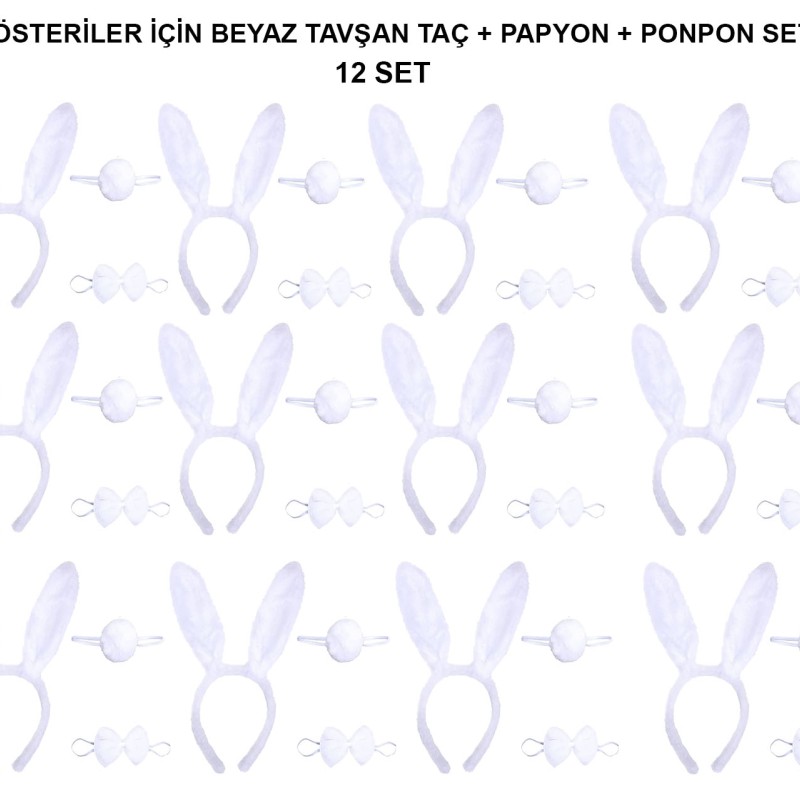 Beyaz Tavşan Kostüm Seti – Taç, Papyon, Kuyruk (12’li Paket)