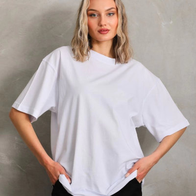 Bisiklet Yaka 20/1 Düz Oversize T-Shirt - Beyaz -