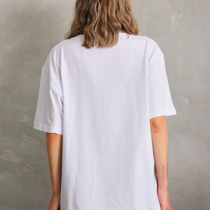 Bisiklet Yaka 20/1 Düz Oversize T-Shirt - Beyaz -