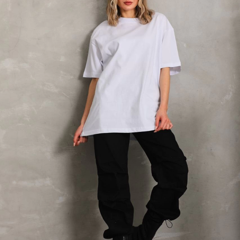 Bisiklet Yaka 20/1 Düz Oversize T-Shirt - Beyaz -