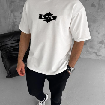 Bisiklet Yaka Baskılı Double Oversize T-Shirt - Beyaz -