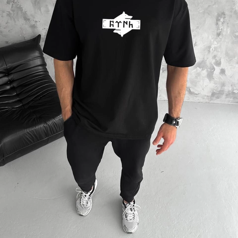 Bisiklet Yaka Baskılı Double Oversize T-Shirt - Siyah -