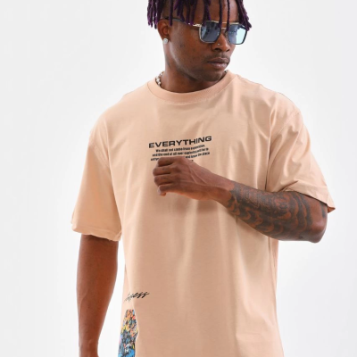 Bisiklet Yaka Baskılı Oversize T-Shirt - Bej -