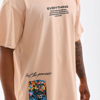 Bisiklet Yaka Baskılı Oversize T-Shirt - Bej -