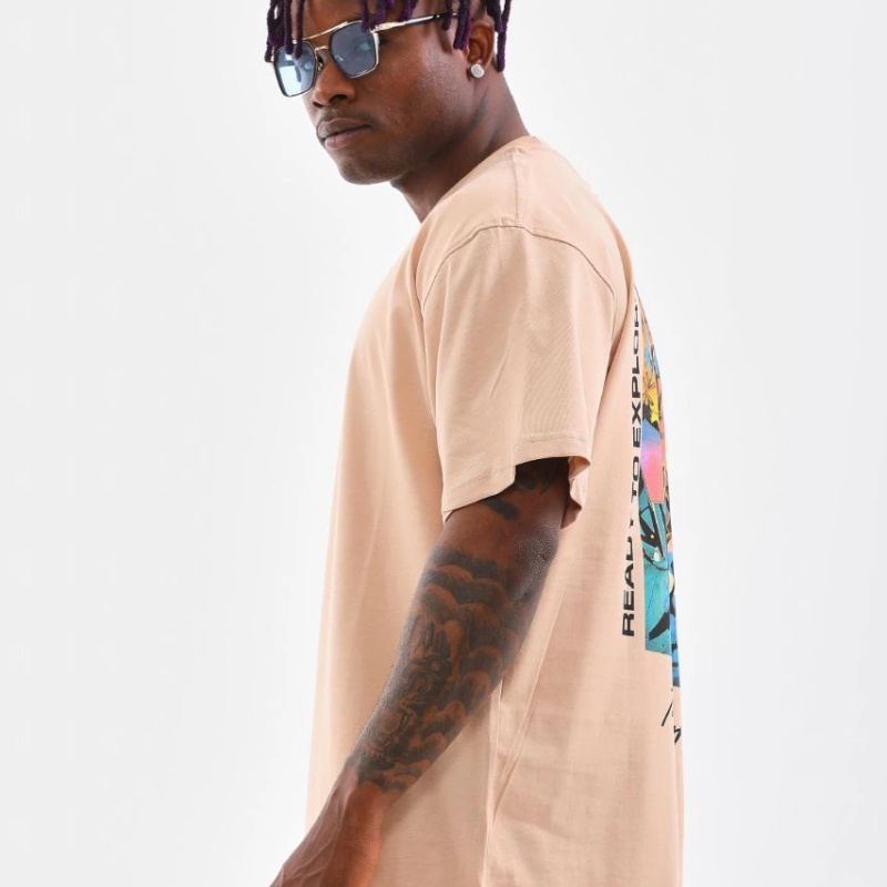 Bisiklet Yaka Baskılı Oversize T-Shirt - Bej -