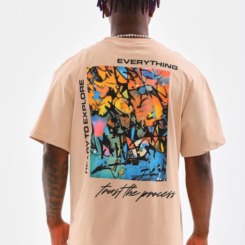 Bisiklet Yaka Baskılı Oversize T-Shirt - Bej -