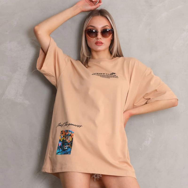 Bisiklet Yaka Baskılı Oversize T-Shirt - Bej
