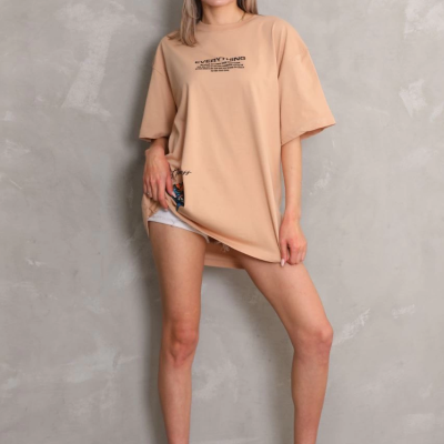 Bisiklet Yaka Baskılı Oversize T-Shirt - Bej