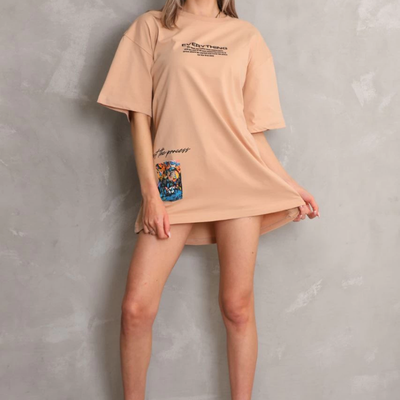 Bisiklet Yaka Baskılı Oversize T-Shirt - Bej