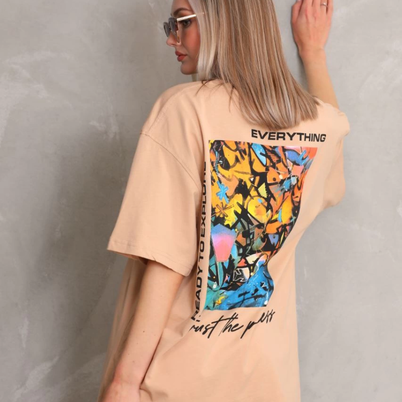 Bisiklet Yaka Baskılı Oversize T-Shirt - Bej