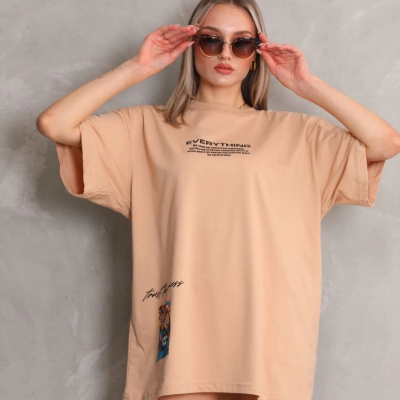 Bisiklet Yaka Baskılı Oversize T-Shirt - Bej