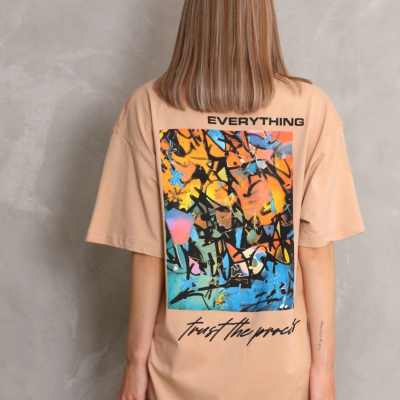 Bisiklet Yaka Baskılı Oversize T-Shirt - Bej