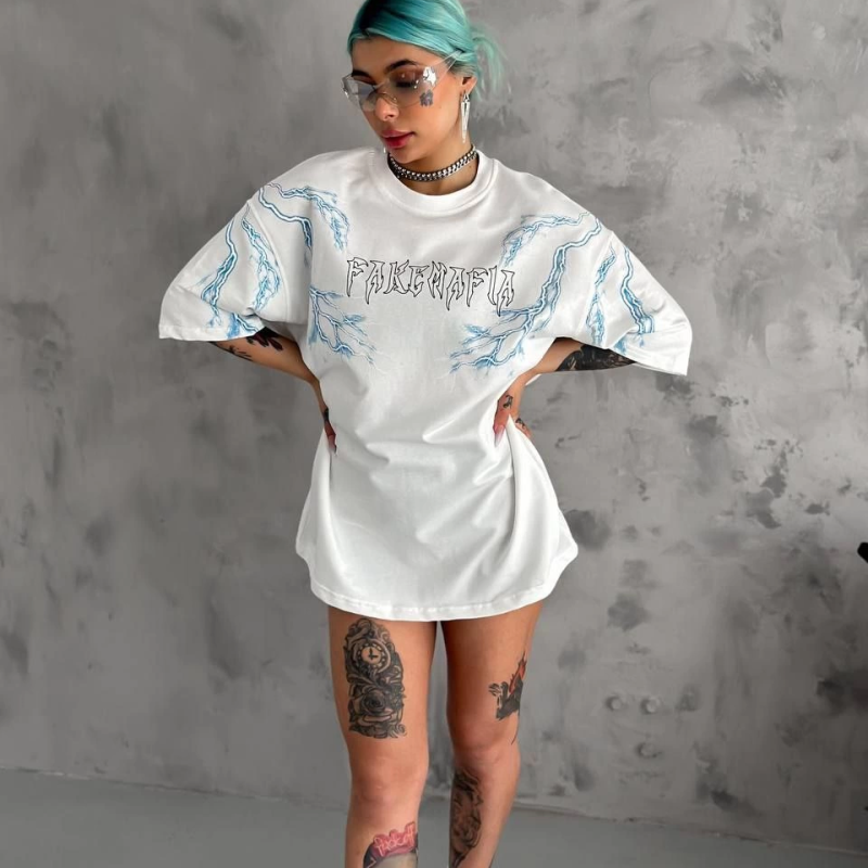 Bisiklet Yaka Baskılı Oversize T-Shirt - Beyaz -