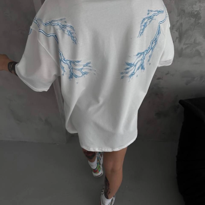 Bisiklet Yaka Baskılı Oversize T-Shirt - Beyaz -