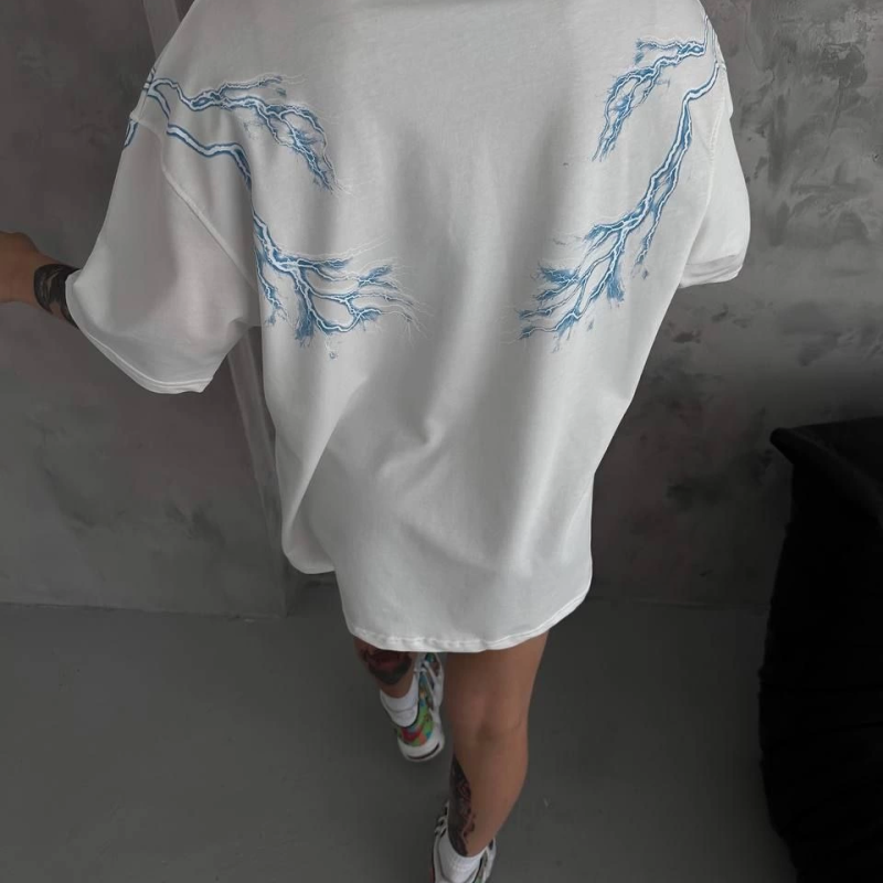 Bisiklet Yaka Baskılı Oversize T-Shirt - Beyaz -