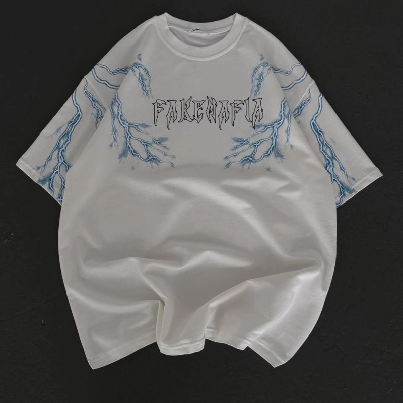 Bisiklet Yaka Baskılı Oversize T-Shirt - Beyaz -