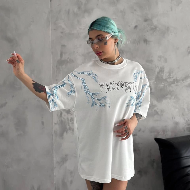 Bisiklet Yaka Baskılı Oversize T-Shirt - Beyaz -