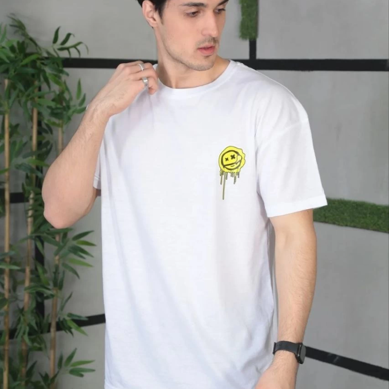 Bisiklet Yaka Baskılı Oversize T-Shirt - Beyaz -