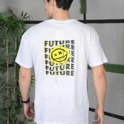 Bisiklet Yaka Baskılı Oversize T-Shirt - Beyaz -