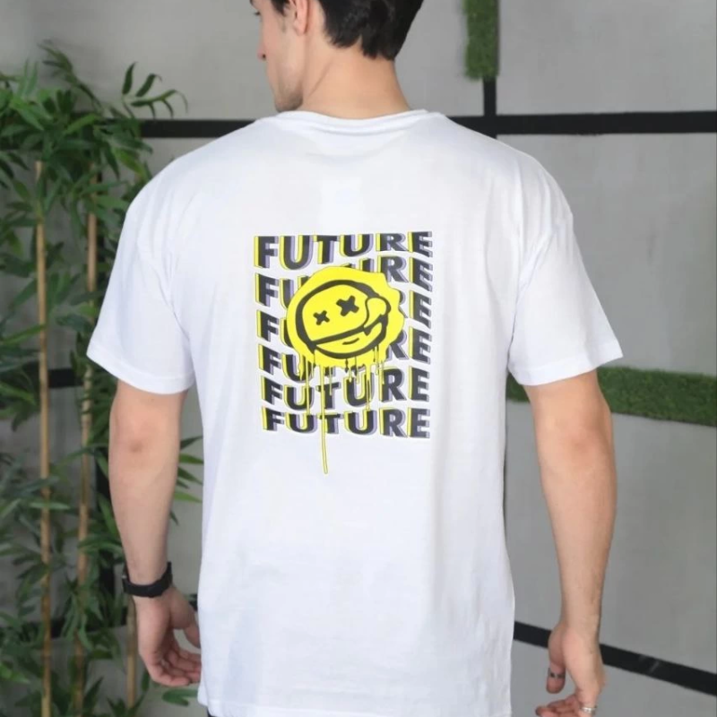 Bisiklet Yaka Baskılı Oversize T-Shirt - Beyaz -