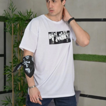 Bisiklet Yaka Baskılı Oversize T-Shirt - Beyaz -