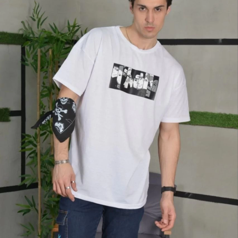 Bisiklet Yaka Baskılı Oversize T-Shirt - Beyaz -