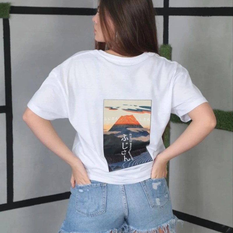 Bisiklet Yaka Baskılı Oversize T-Shirt- Beyaz -