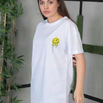 Bisiklet Yaka Baskılı Oversize T-Shirt - Beyaz -