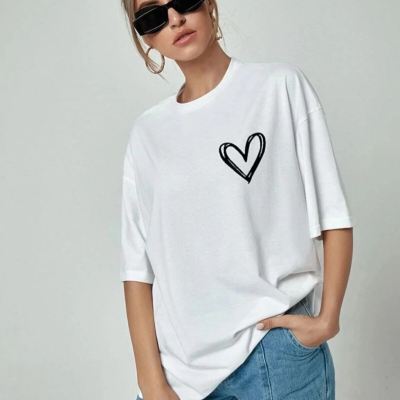 Bisiklet Yaka Baskılı Oversize T-Shirt - Beyaz -