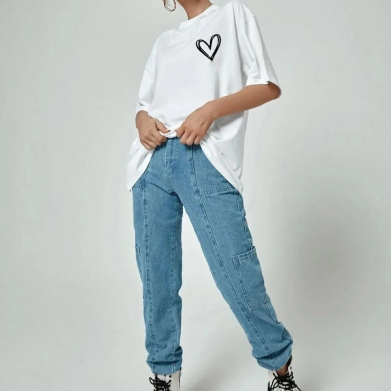 Bisiklet Yaka Baskılı Oversize T-Shirt - Beyaz -