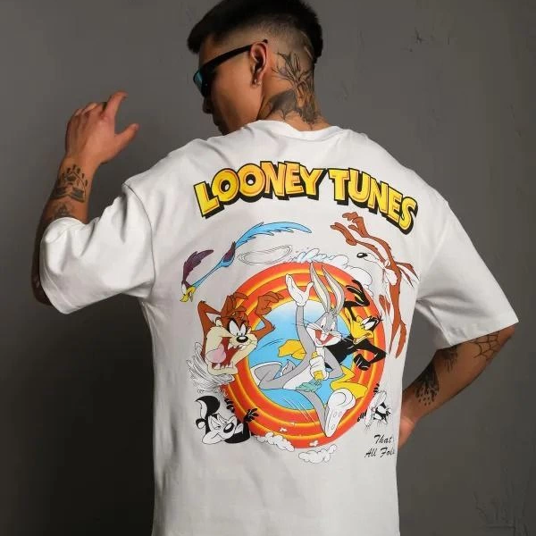 Bisiklet Yaka Baskılı Oversize T-Shirt - Beyaz -