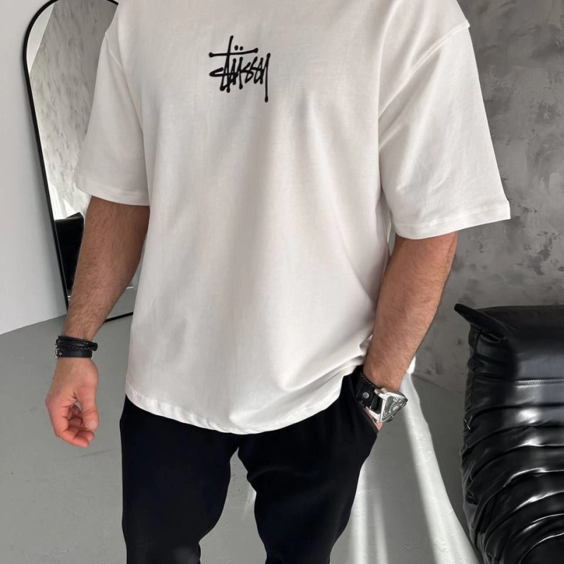 Bisiklet Yaka Baskılı Oversize T-Shirt - Beyaz -