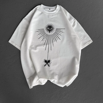 Bisiklet Yaka Baskılı Oversize T-Shirt - Beyaz -