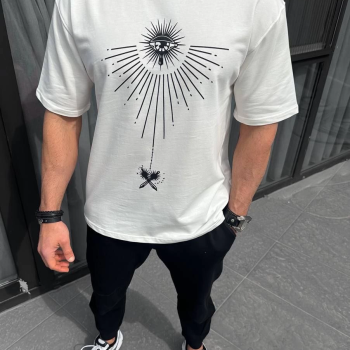 Bisiklet Yaka Baskılı Oversize T-Shirt - Beyaz -