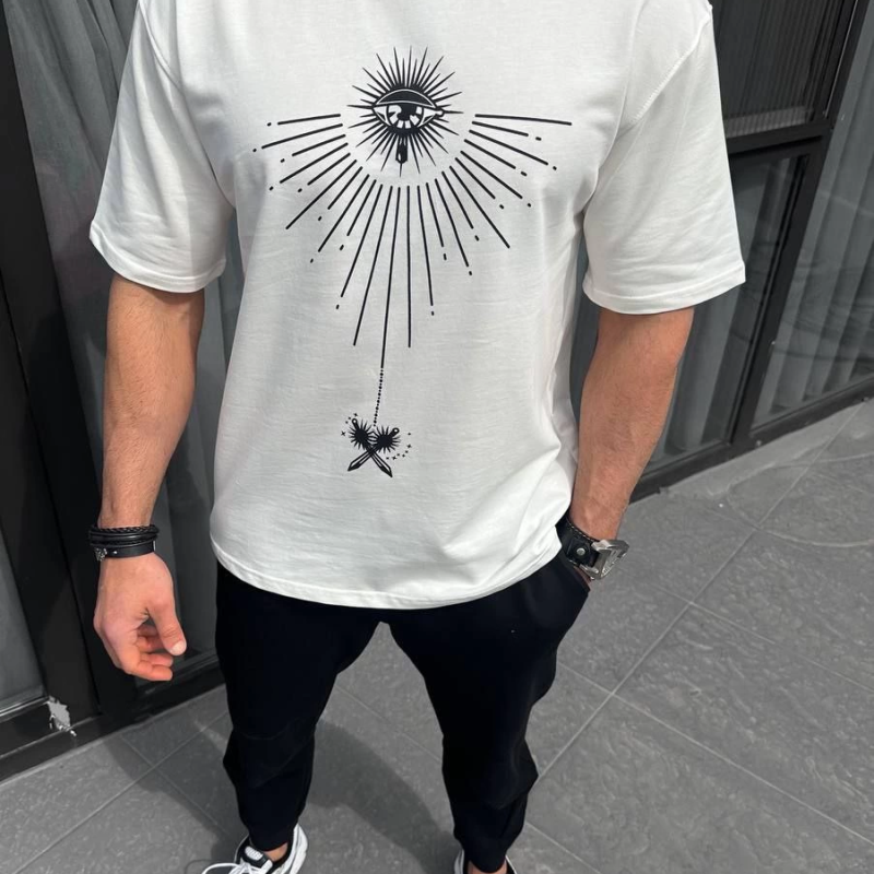 Bisiklet Yaka Baskılı Oversize T-Shirt - Beyaz -