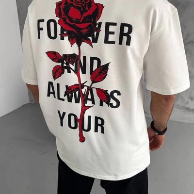 Bisiklet Yaka Baskılı Oversize T-Shirt - Beyaz -